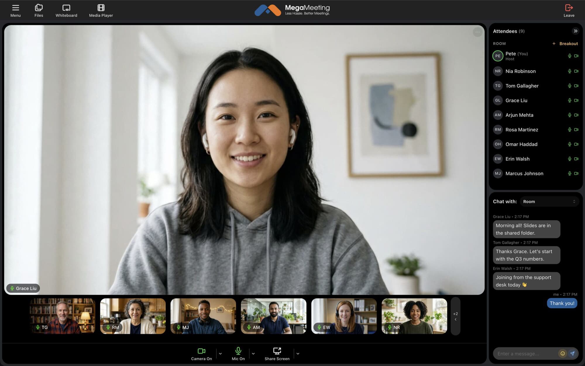 A MegaMeeting room in speaker view with the attendee list and chat, ready to embed or link