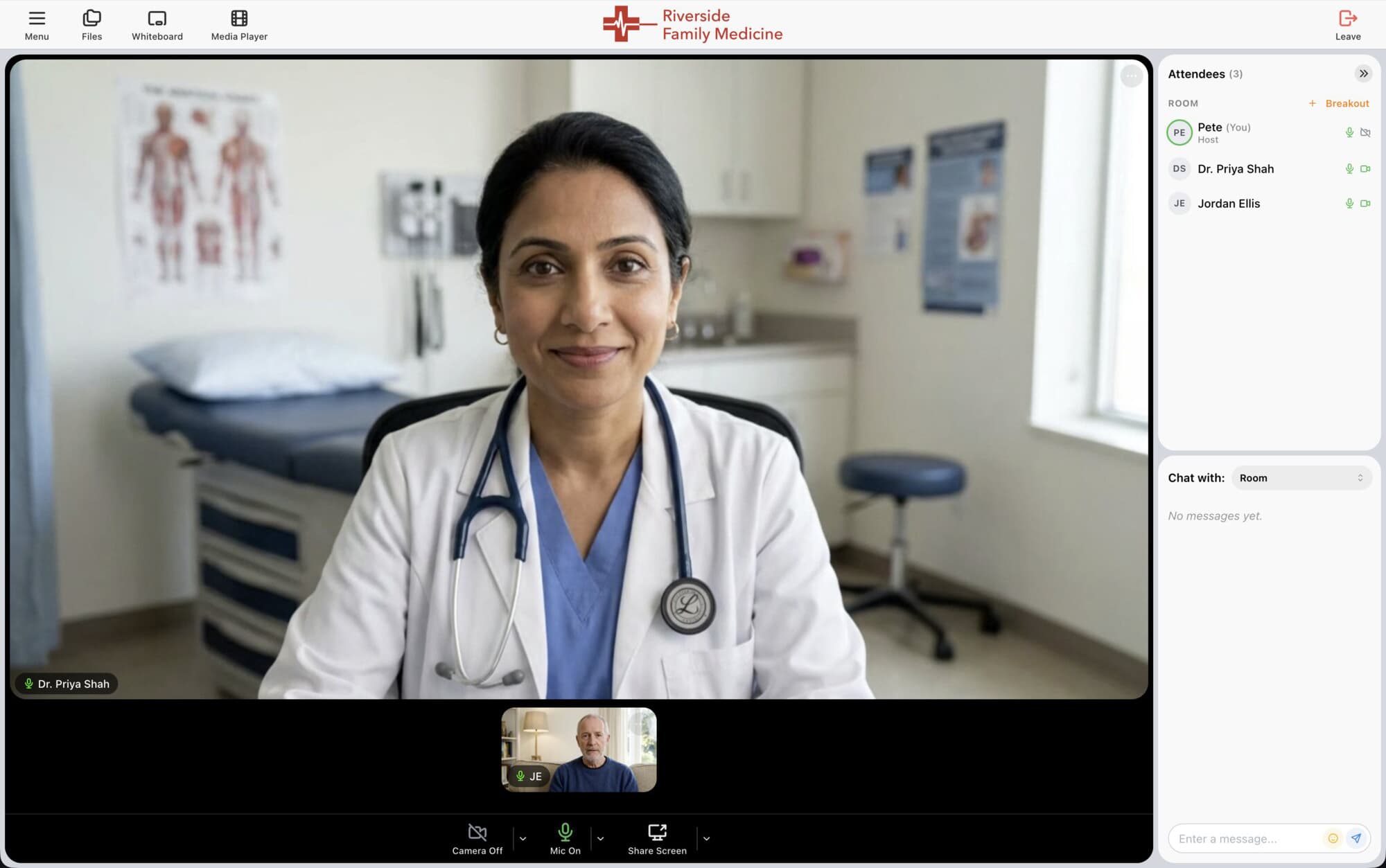 A telehealth visit in a room branded for a sample medical practice, Riverside Family Medicine